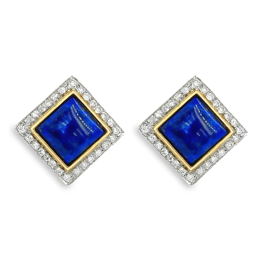 18K Gold Blue Lapis and Diamond Pave Square SW Earrings