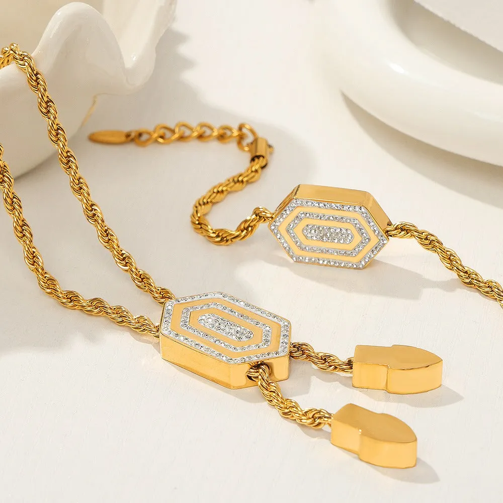 18K gold exquisite and noble hexagonal inlaid zircon and tassel design bracelet and necklace set