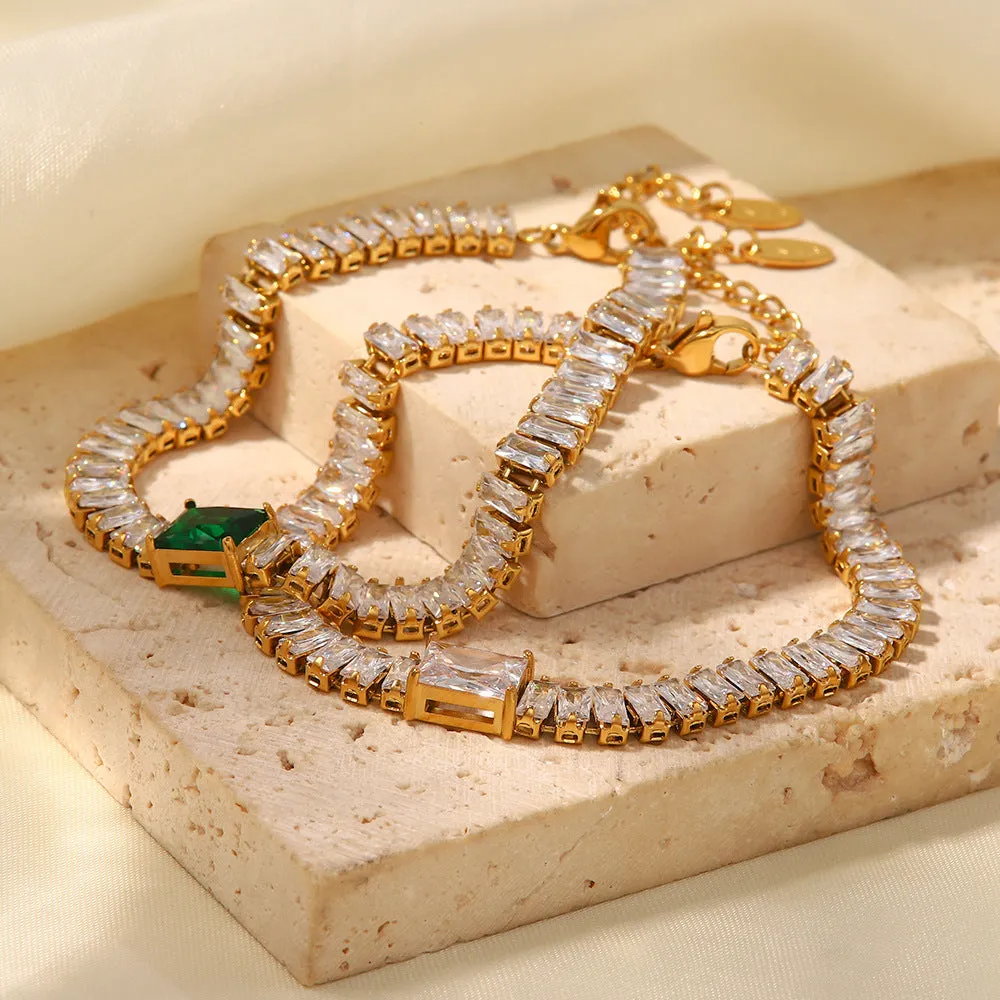 18K Gold Fashion Personality Square Inlaid Green Zircon Design Bracelet Necklace Set