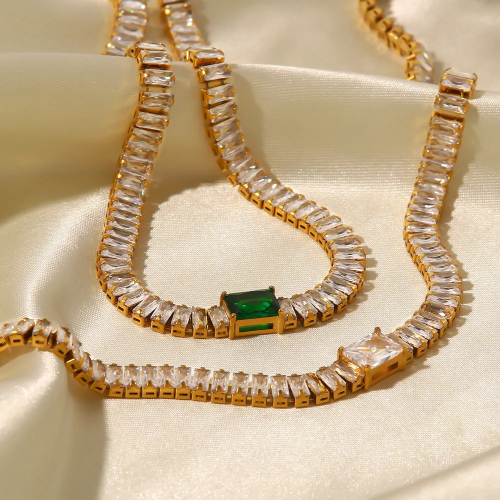 18K Gold Fashion Personality Square Inlaid Green Zircon Design Bracelet Necklace Set