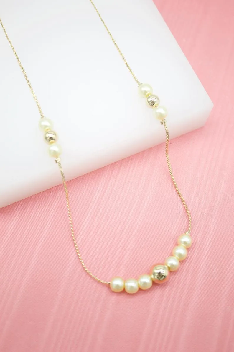 18K Gold Filled Pearl & Gold Bead Designed Chain Necklace (F245)