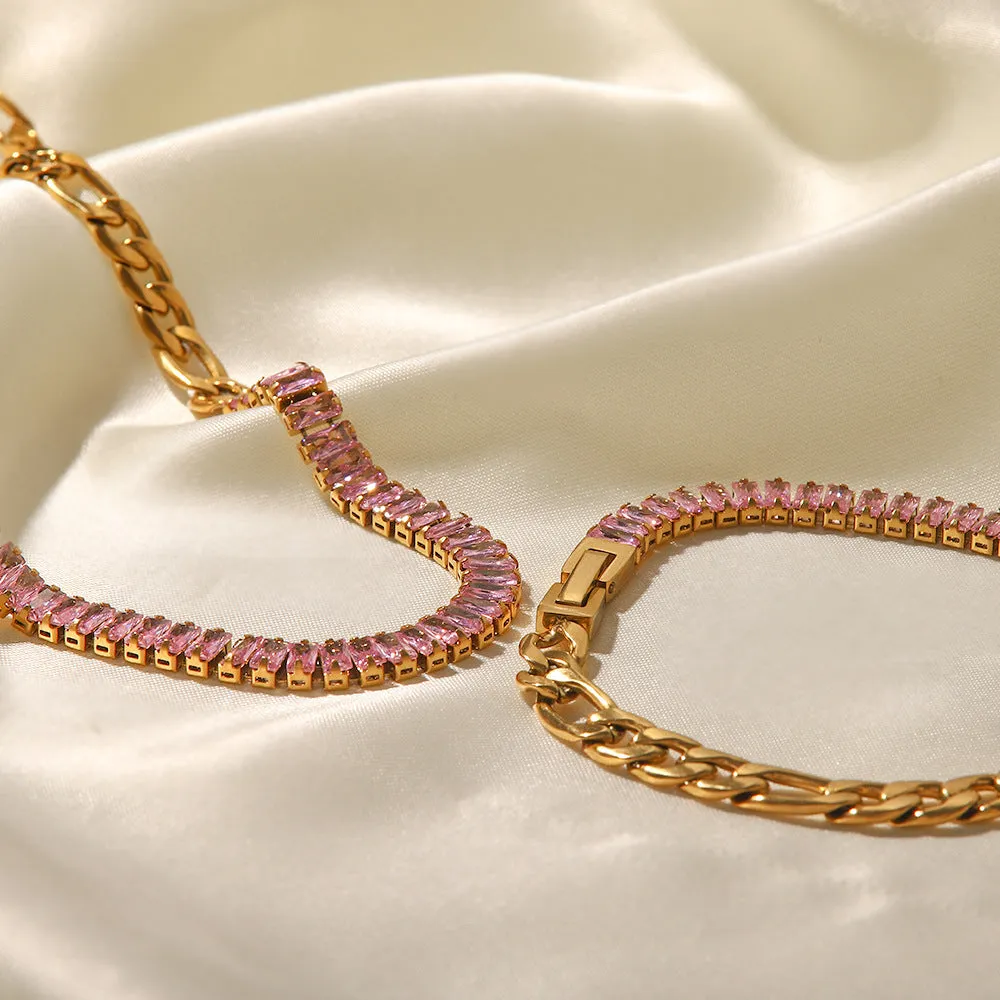 18K Gold Plated Inlaid Pink Zircon Figaro Bracelet