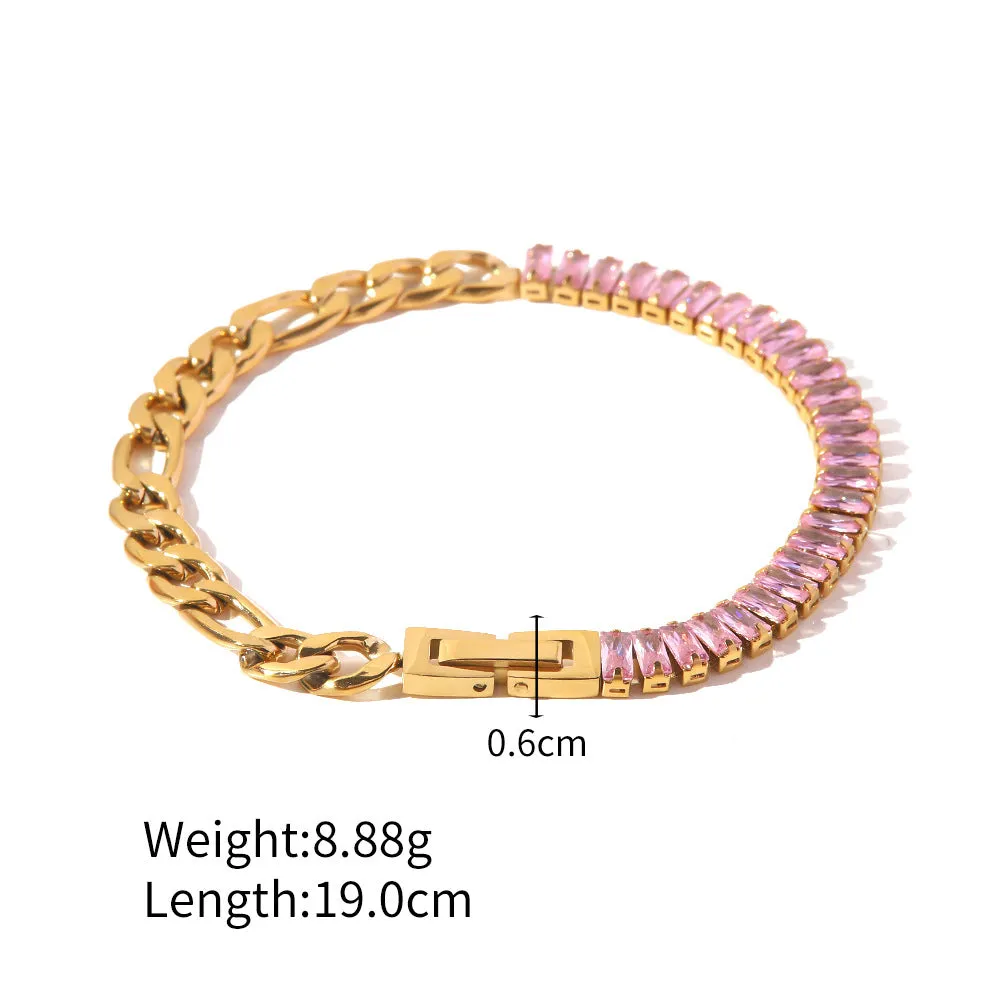 18K Gold Plated Inlaid Pink Zircon Figaro Bracelet