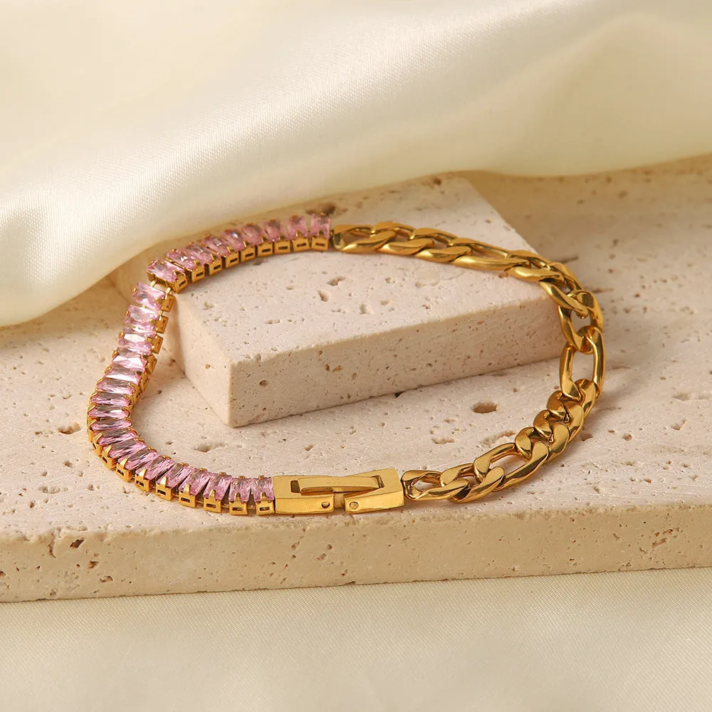 18K Gold Plated Inlaid Pink Zircon Figaro Bracelet