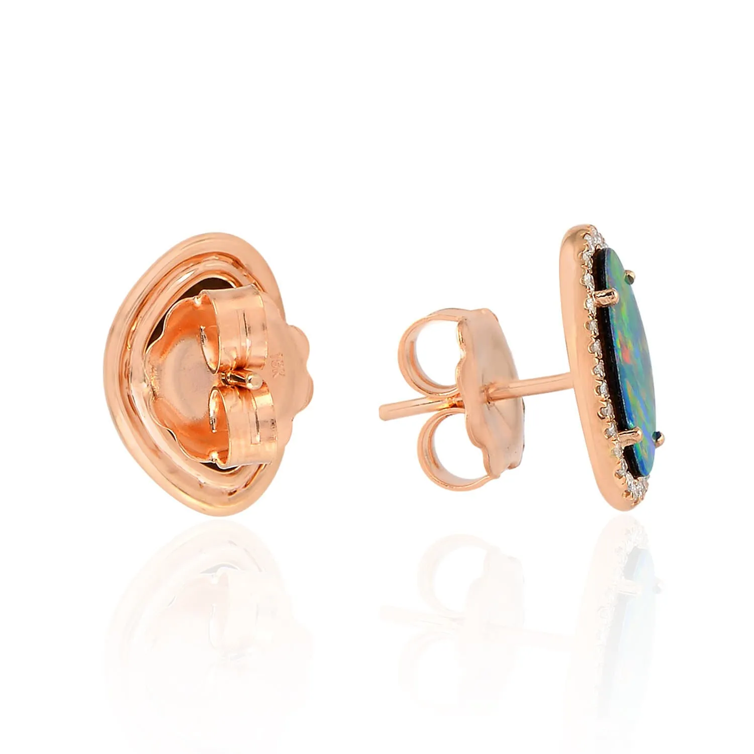 18K Rose Gold Opal Doublet Gemstone Prong Diamond Antique Stud Earrings