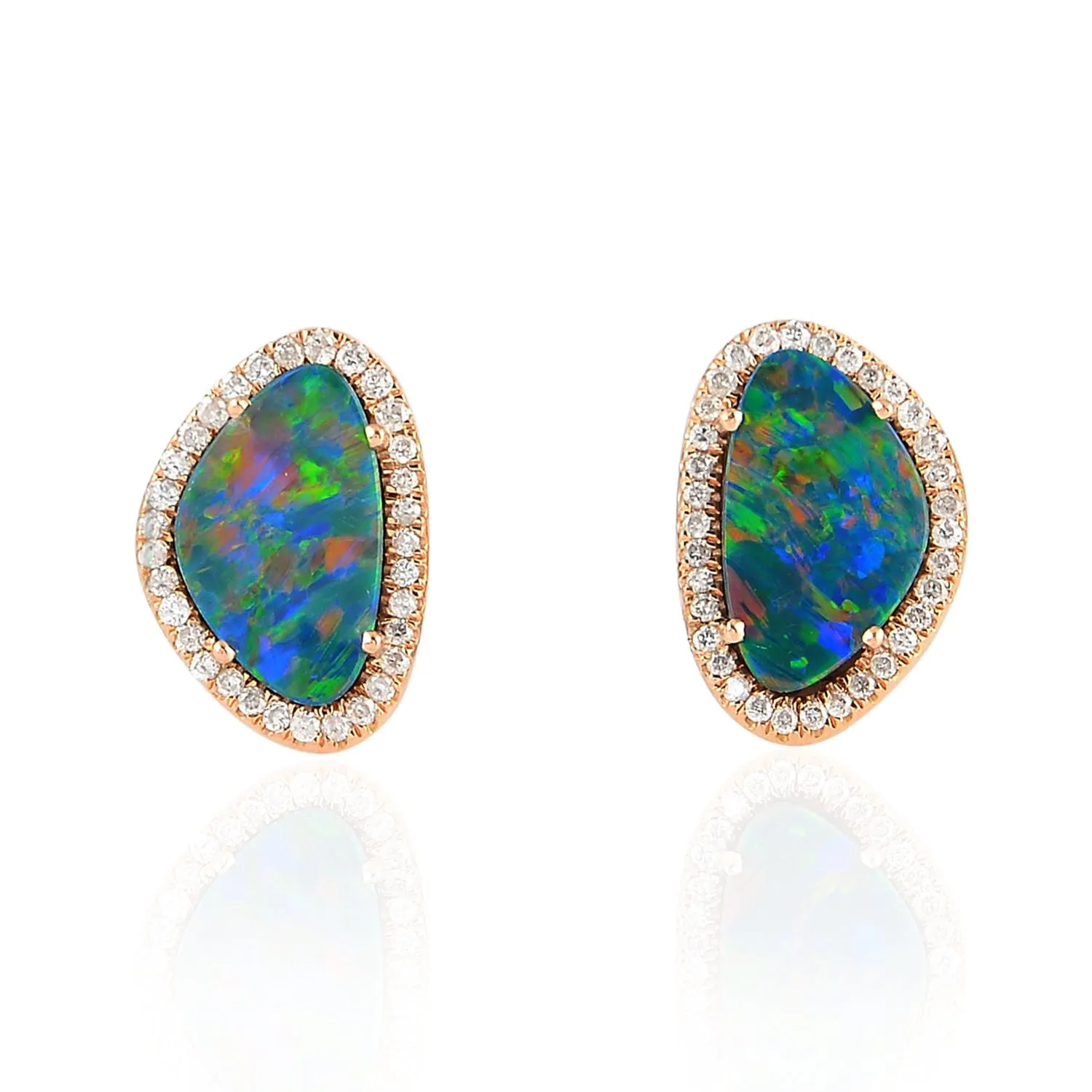 18K Rose Gold Opal Doublet Gemstone Prong Diamond Antique Stud Earrings