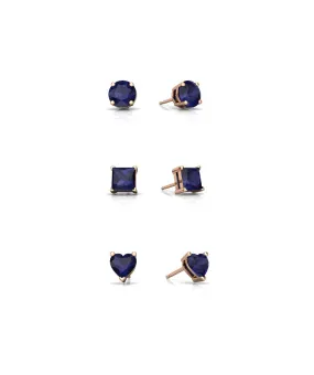 18k Rose Gold Plated 3Cttw 8mm Created Blue Sapphire 3 Pair Round, Square and Heart Stud Earrings