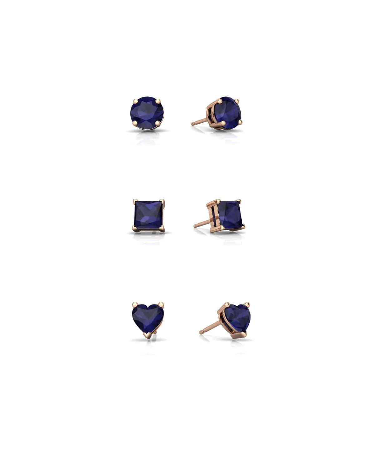 18k Rose Gold Plated 3Cttw 8mm Created Blue Sapphire 3 Pair Round, Square and Heart Stud Earrings