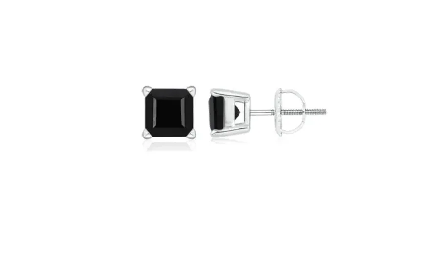 18k White Gold Plated Created Black Sapphire 1Ct Square Cut Stud Earrings