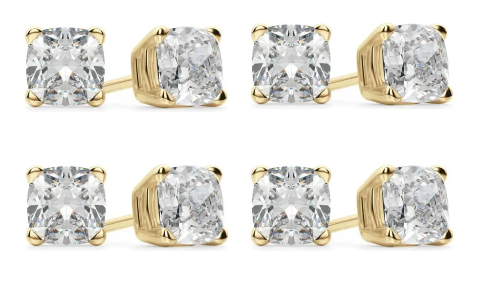 18k Yellow Gold 1Ct Cushion Cut White Sapphire Set Of Four Stud Earrings Plated