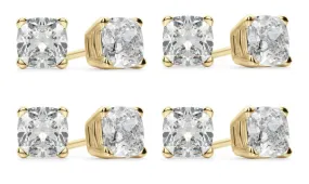 18k Yellow Gold 6mm 3Ct Cushion Cut White Sapphire Set Of Four Stud Earrings Plated