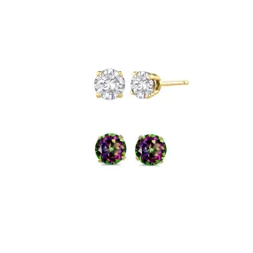 18k Yellow Gold Plated 1Ct Created White Sapphire and Mystic Topaz 2 Pair Round Stud Earrings