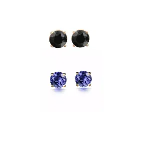 18k Yellow Gold Plated 3Ct Created Black Sapphire and Tanzanite 2 Pair Round Stud Earrings