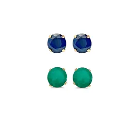 18k Yellow Gold Plated 3Ct Created Blue Sapphire and Emerald 2 Pair Round Stud Earrings