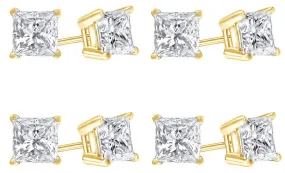 18k Yellow Gold Plated Created White Sapphire 1 Carat Princess Cut Pack of Four Stud Earrings