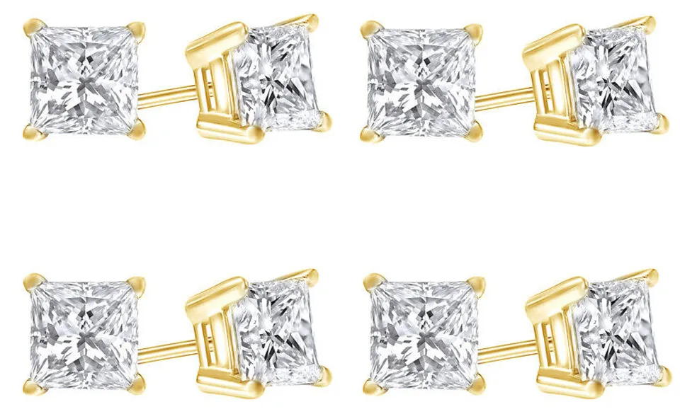 18k Yellow Gold Plated Created White Sapphire 1 Carat Princess Cut Pack of Four Stud Earrings