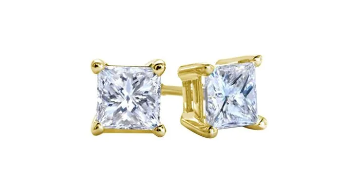 18k Yellow Gold Plated Created White Sapphire 1 Carat Square Cut Stud Earrings