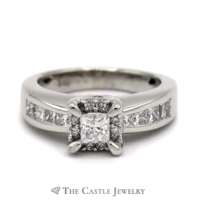 1cttw Princess Cut Diamond Engagement with Round Diamond Halo & Side Accents in 14k White Gold