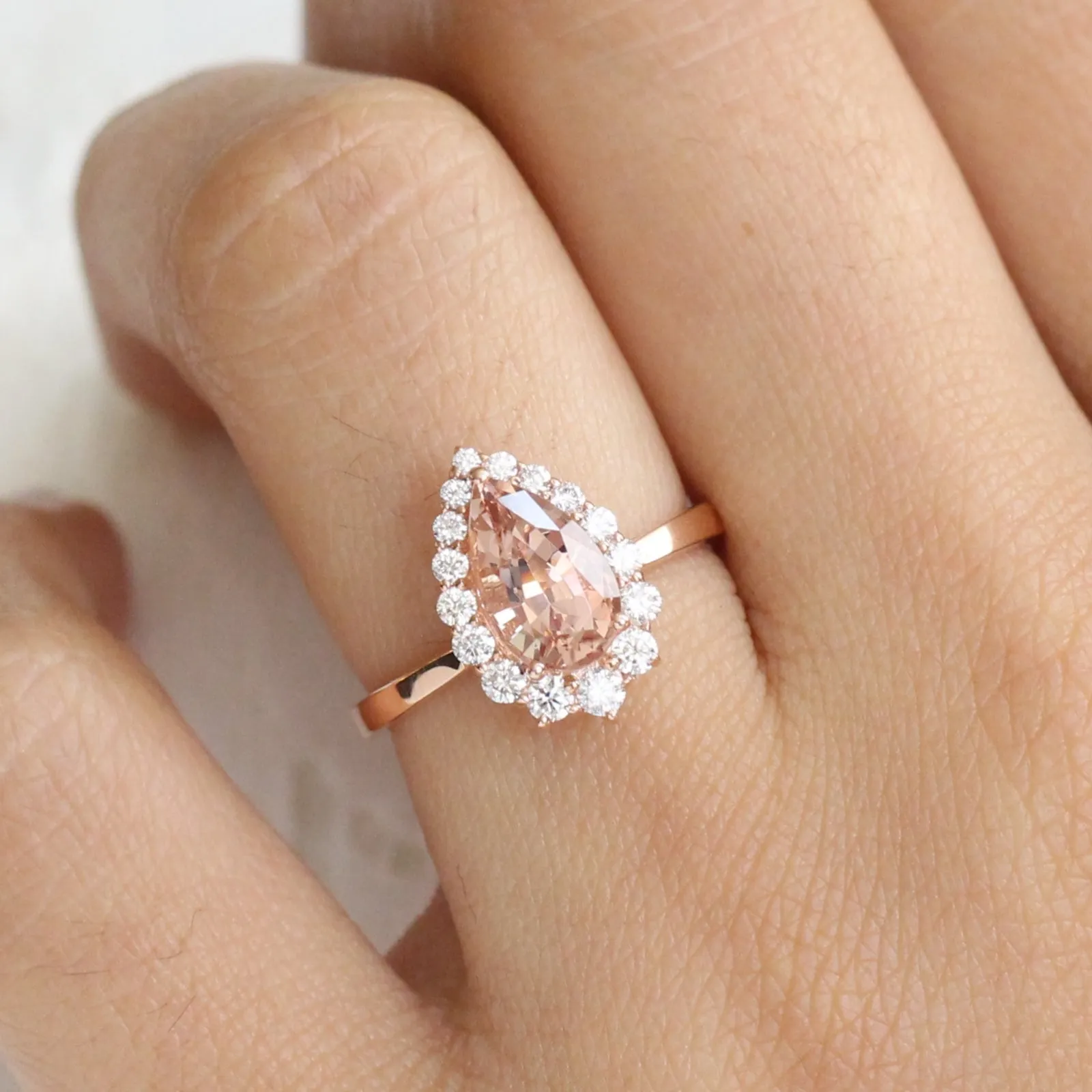 2.10 Ct Pear Morganite Diamond Ring in 14k Rose Gold Tiara Halo Tapered Band, Size 6.25