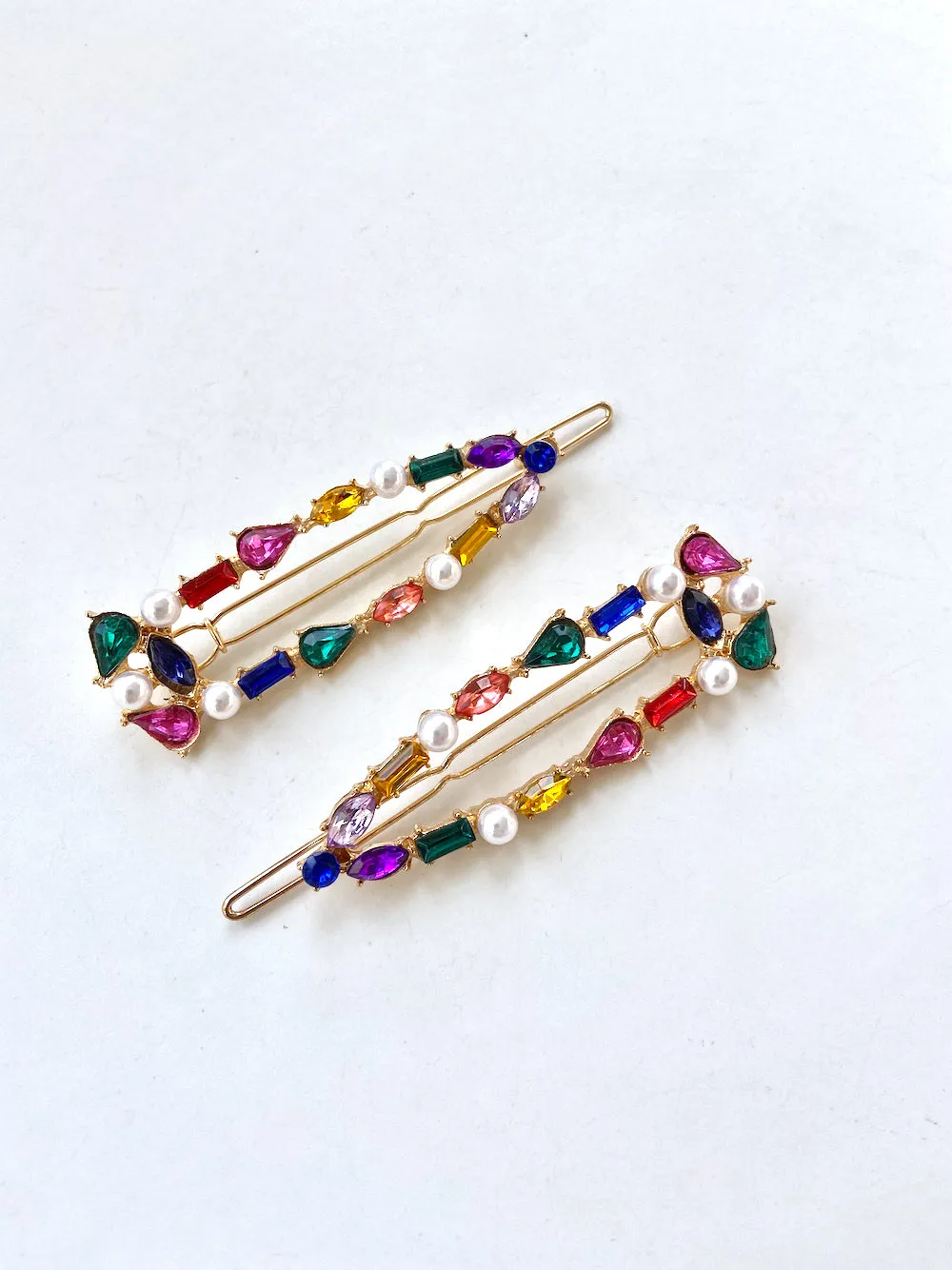 2pc Rainbow Gems   Pearls Barrette Hair Clip Set