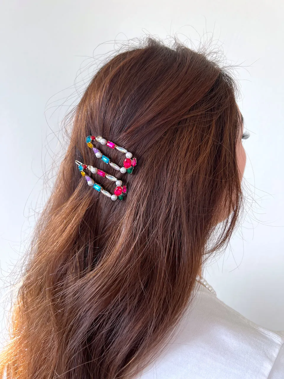 2pc Rainbow Gems   Pearls Barrette Hair Clip Set