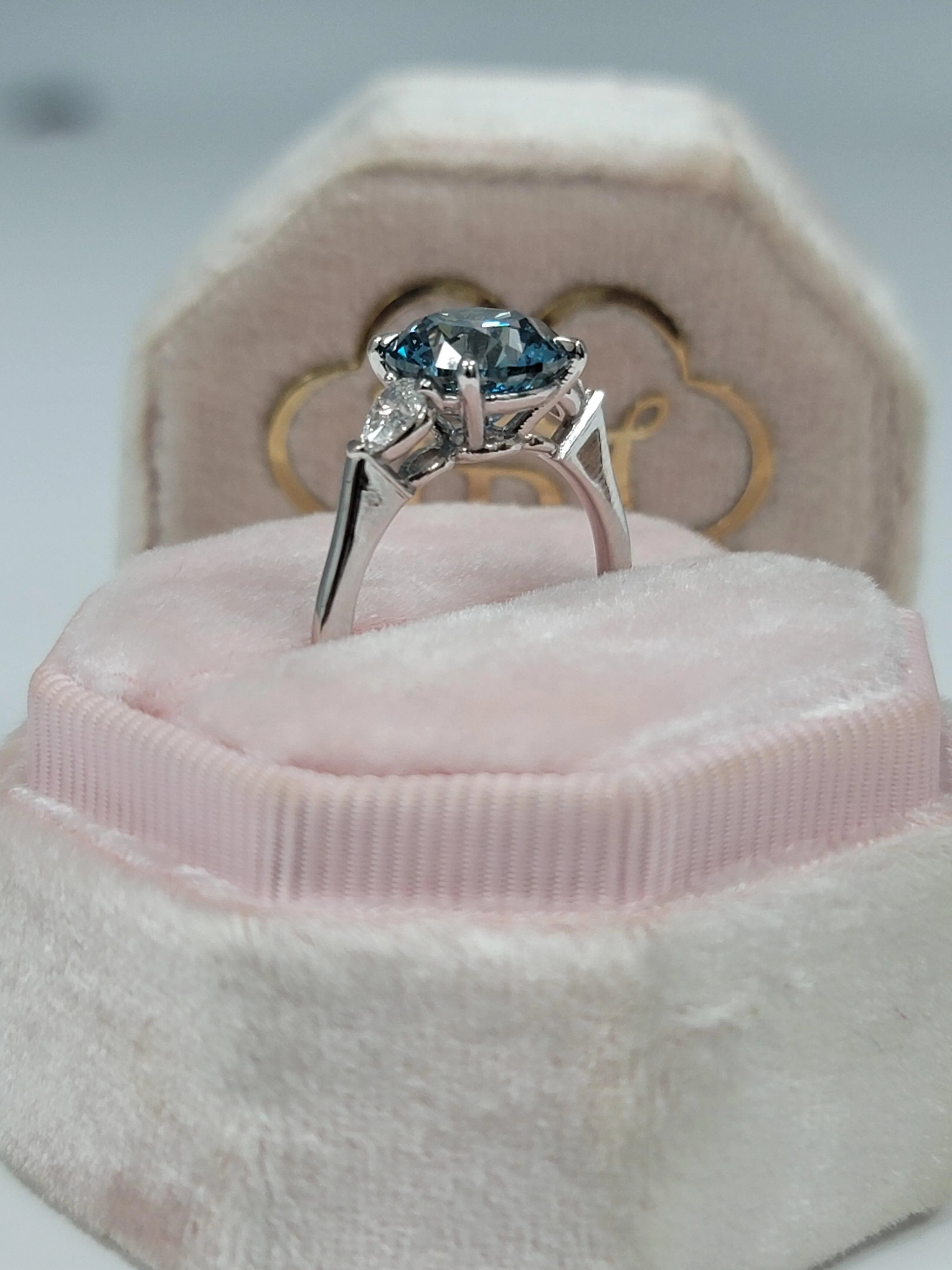 3.33 Carats Lab Grown Fancy Deep Blue Round Brilliant Cut with Pear Shape Side Stones Diamond Engagement Ring