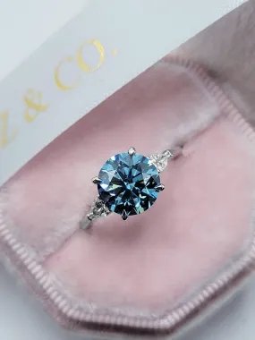 3.33 Carats Lab Grown Fancy Deep Blue Round Brilliant Cut with Pear Shape Side Stones Diamond Engagement Ring