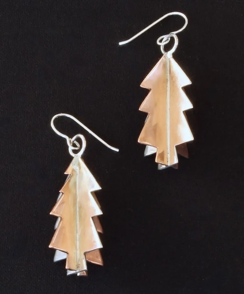 3D Polished Sterling and Copper Christmas Tree Earrings with Sterling Silver Earring Wires