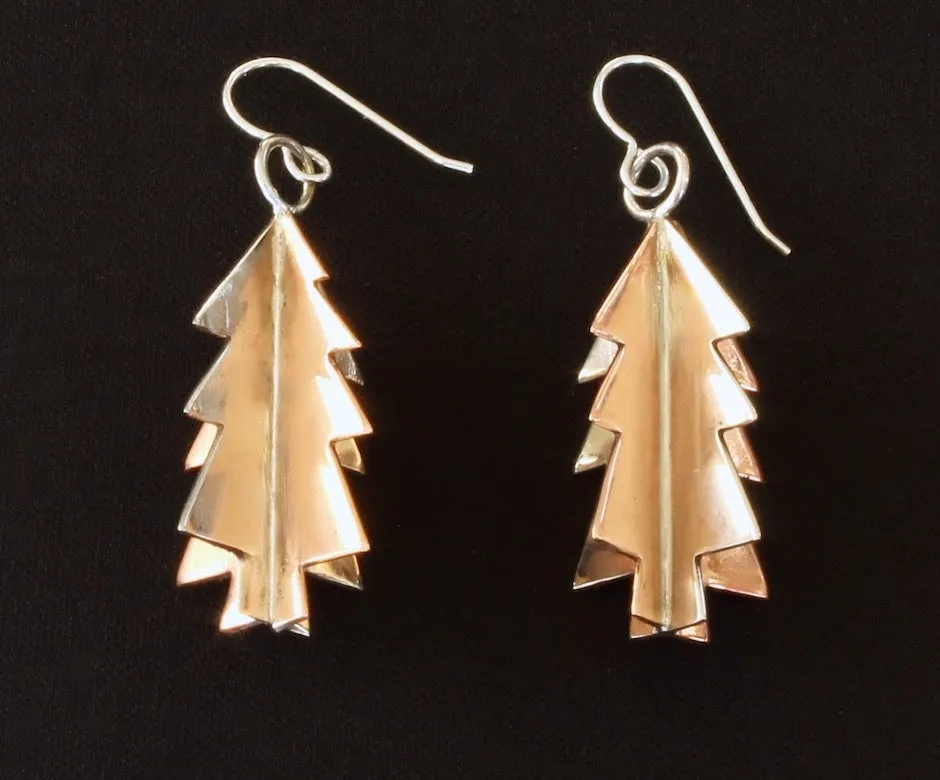 3D Polished Sterling and Copper Christmas Tree Earrings with Sterling Silver Earring Wires