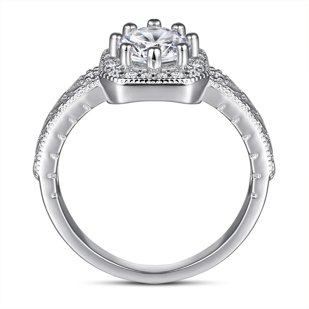 4A Round Zircon Soleste Halo Cathedral Silver Ring for Women