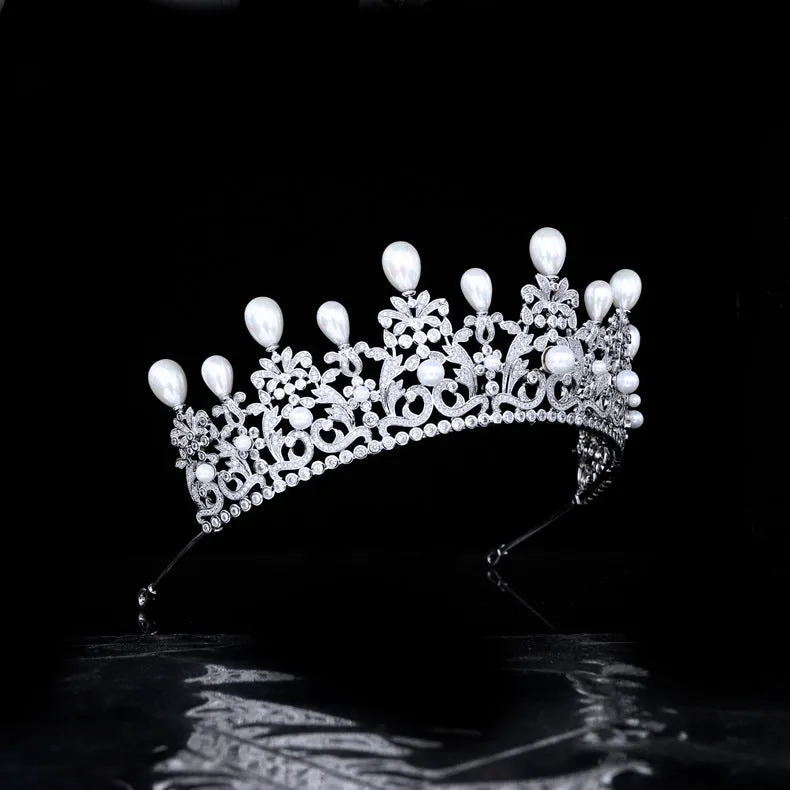 5.5cm Zirconia/Crystals Women's Tira,Headpieces,Classic Europe Royal Pearls Tiara for Wedding CH10202