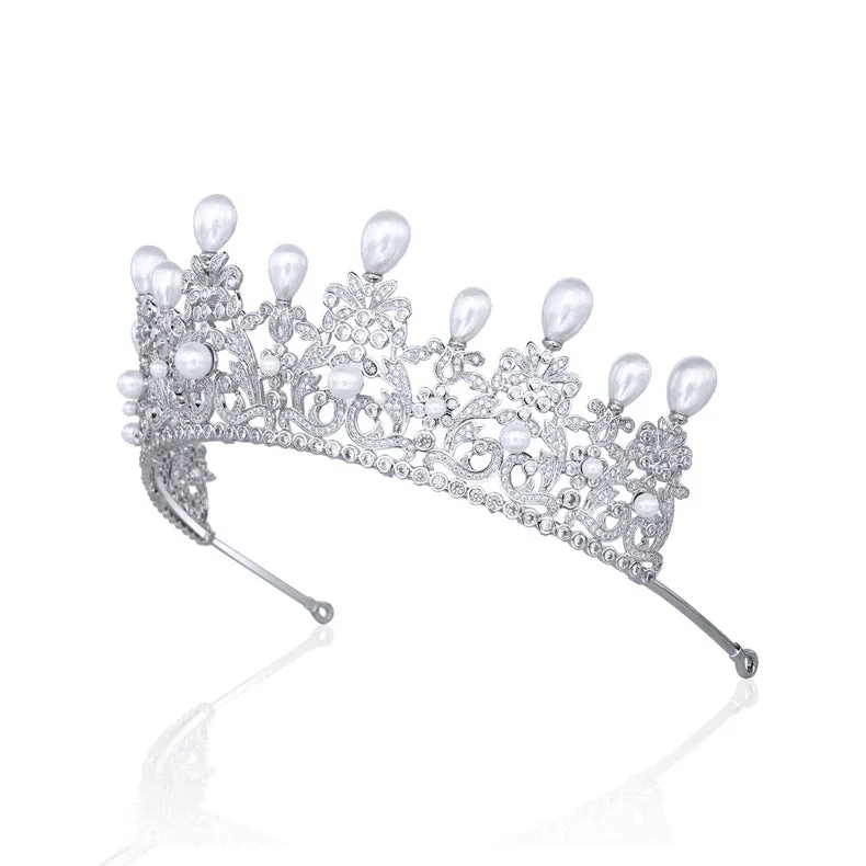 5.5cm Zirconia/Crystals Women's Tira,Headpieces,Classic Europe Royal Pearls Tiara for Wedding CH10202