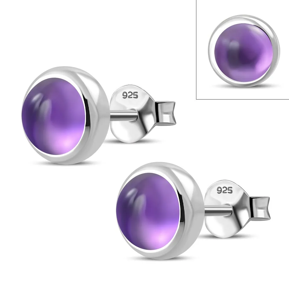 7.50mm | Amethyst Stone Round Sterling Silver Stud Earrings