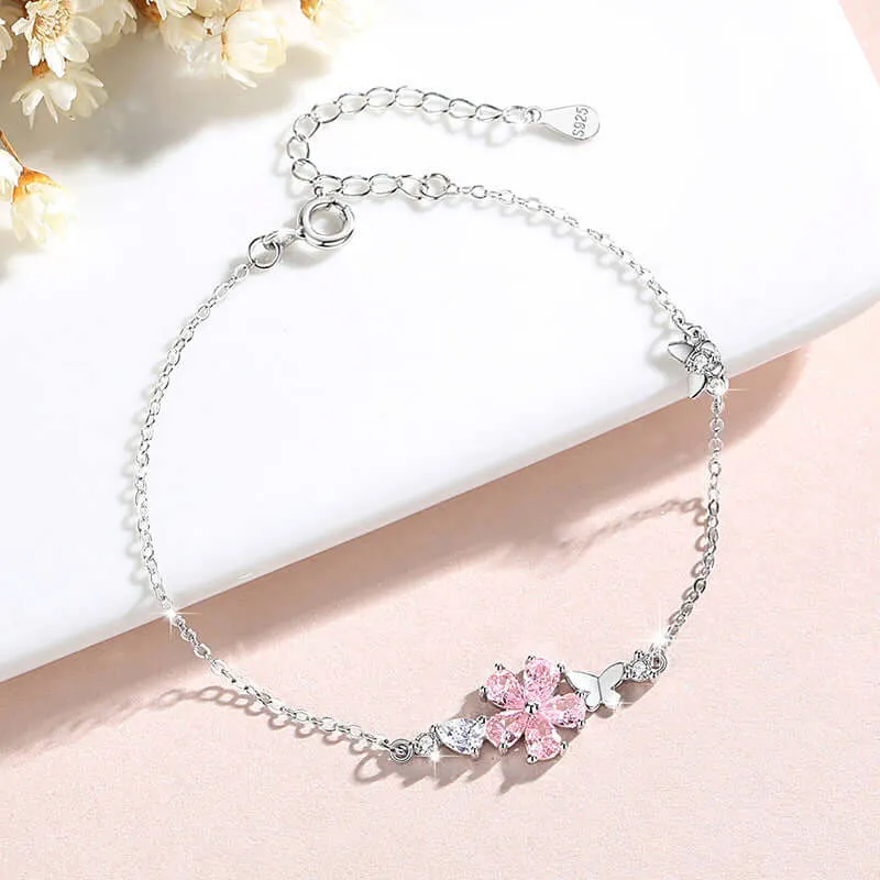 925 Silver Cherry Blossom Pink Zircon Bracelet