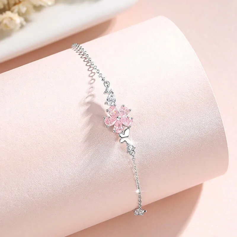 925 Silver Cherry Blossom Pink Zircon Bracelet