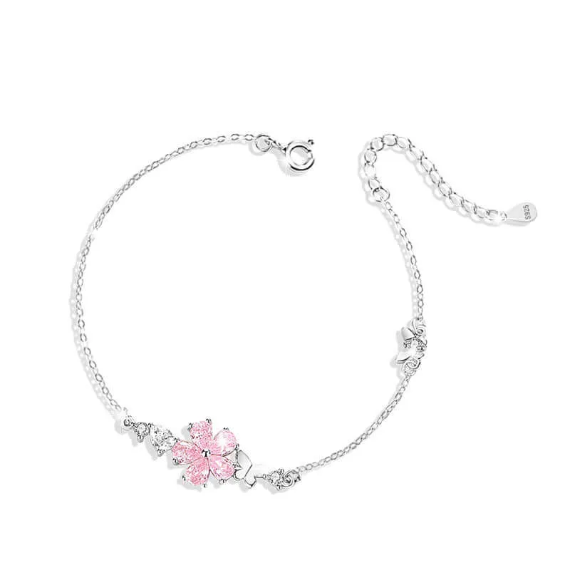 925 Silver Cherry Blossom Pink Zircon Bracelet