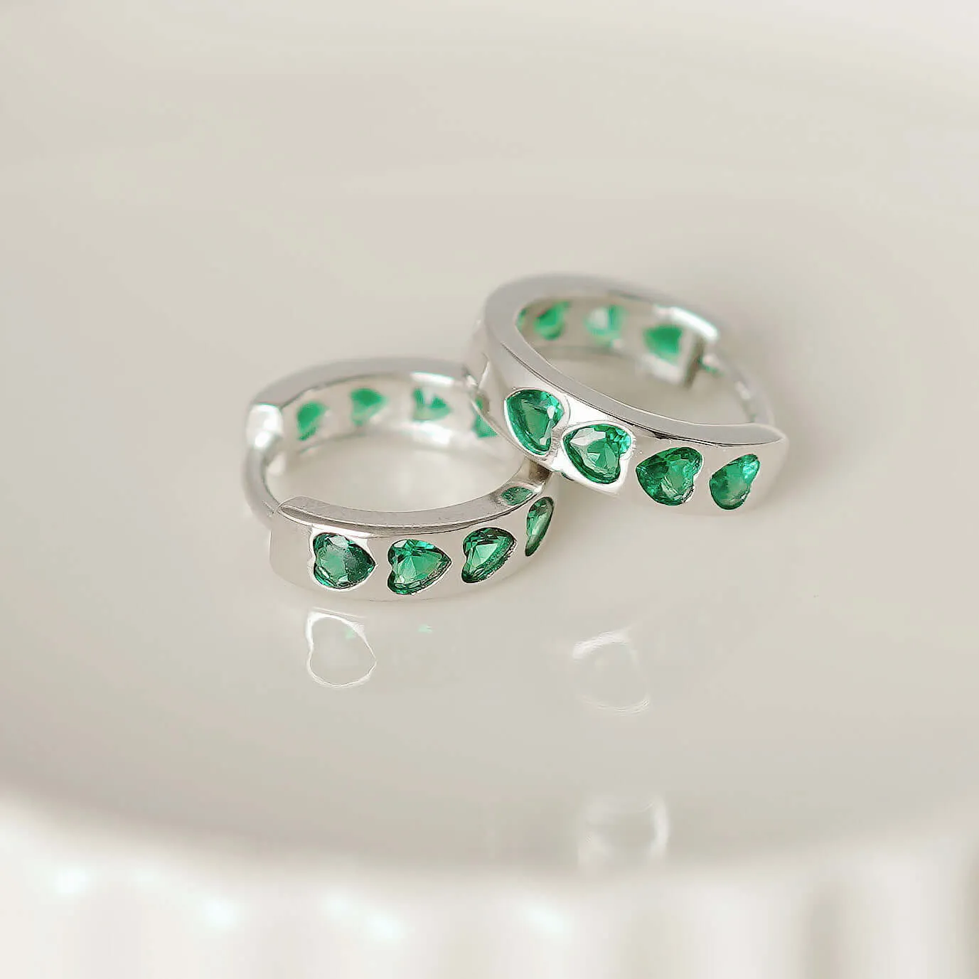 925 Silver Green CZ Diamond Heart Huggie Earrings