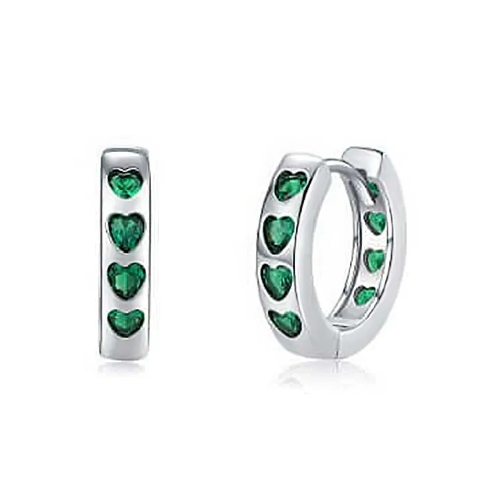 925 Silver Green CZ Diamond Heart Huggie Earrings