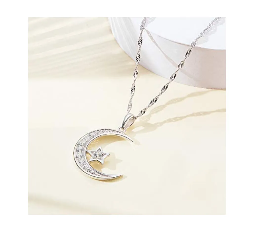 925 Sterling Silver Crescent Moon Simulated Diamond Arabic Jewelry Turkish Islamic Necklace Star Muslim Jewelry Gift Allah 18in.