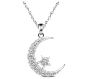 925 Sterling Silver Crescent Moon Simulated Diamond Arabic Jewelry Turkish Islamic Necklace Star Muslim Jewelry Gift Allah 18in.