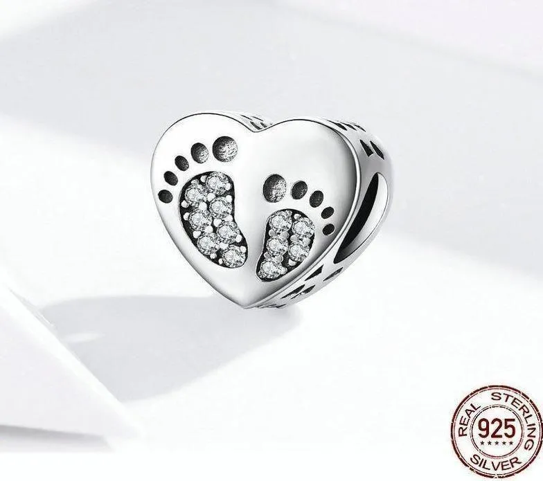 925 Sterling Silver Pendent Charm Jewelry Footprints Heart #SCC1395