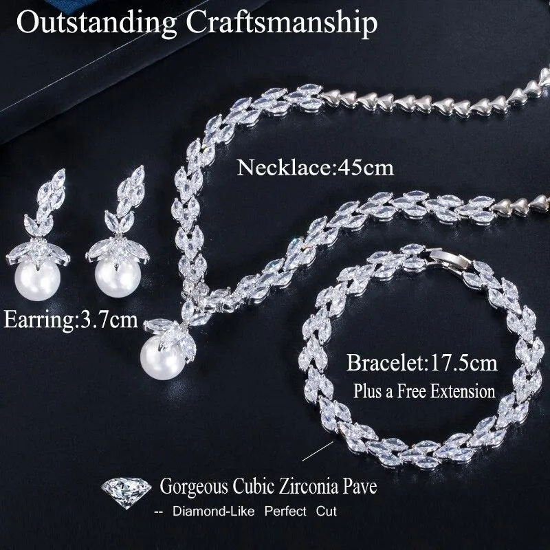 Adorable 3 Piece Sparkling AAA  Zircon Quality Diamonds Dangle Drop Pearl Bridal Wedding Jewelry Set