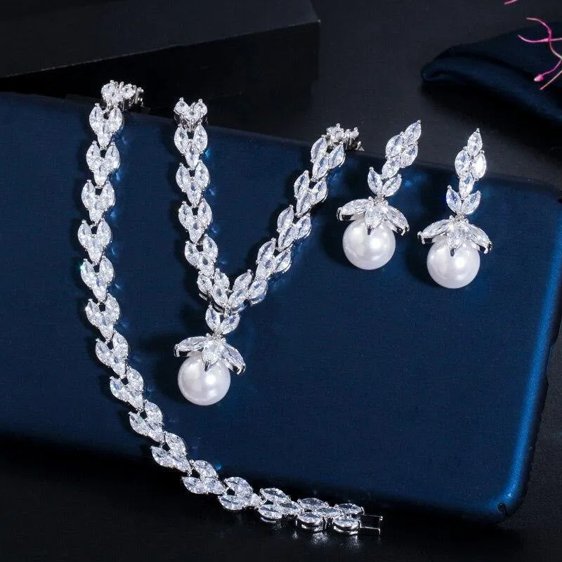 Adorable 3 Piece Sparkling AAA  Zircon Quality Diamonds Dangle Drop Pearl Bridal Wedding Jewelry Set