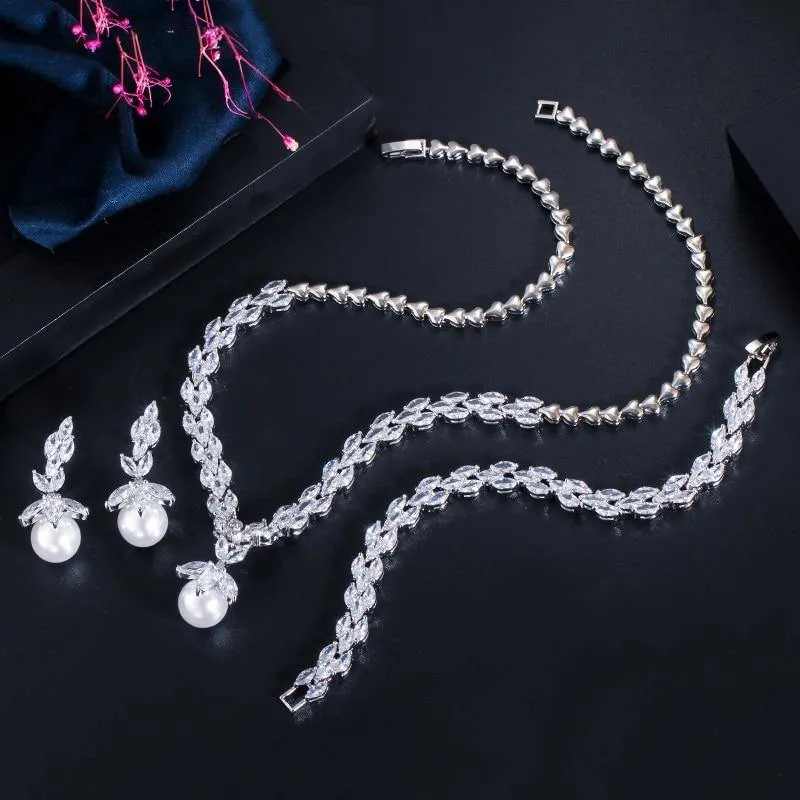 Adorable 3 Piece Sparkling AAA  Zircon Quality Diamonds Dangle Drop Pearl Bridal Wedding Jewelry Set