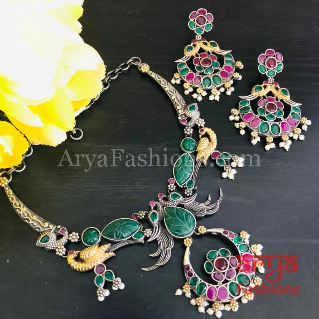 Aisha Dual Tone Oxidized Silver Statement Necklace with Handcarved Stones