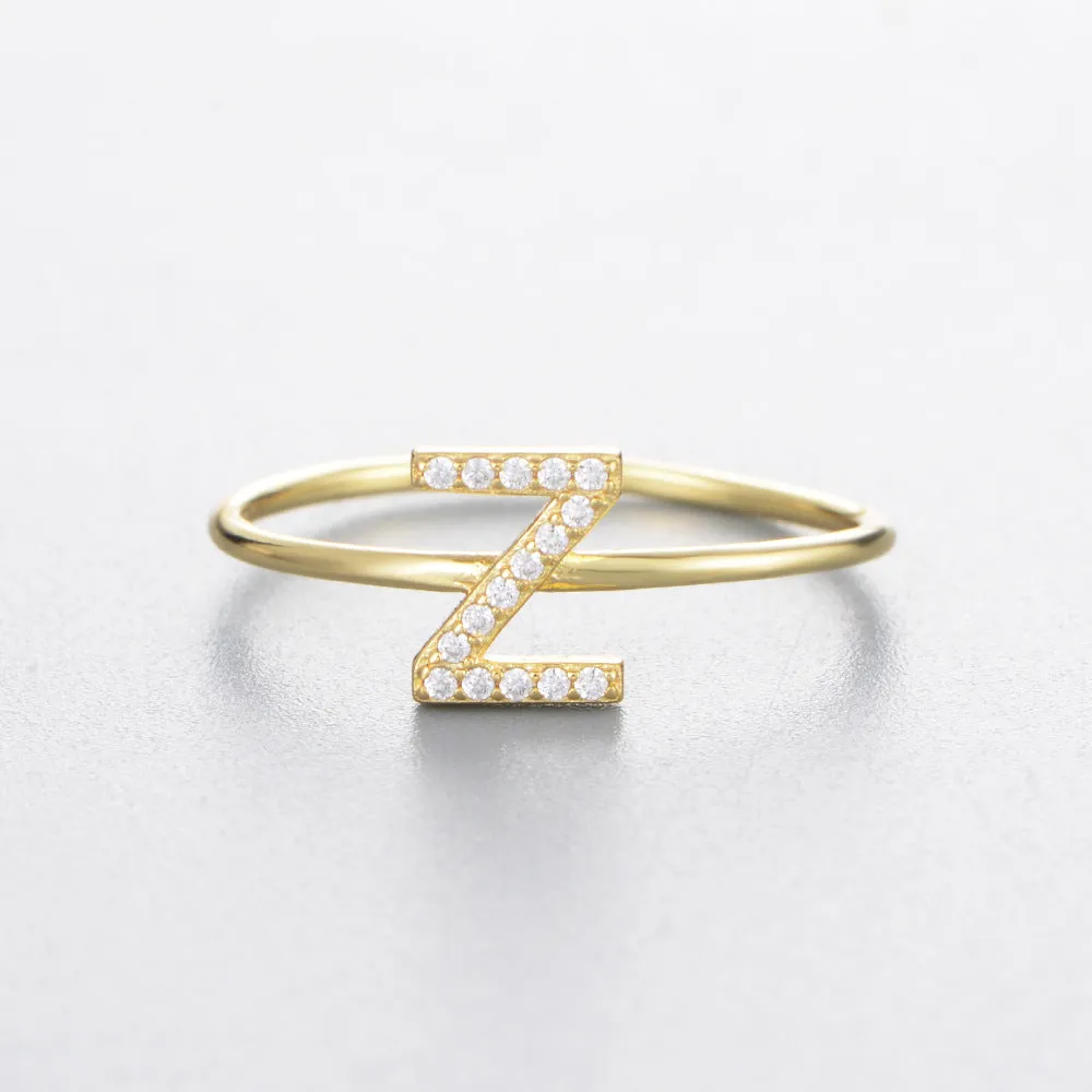 Alphabet 26 Letters with Zircon Sterling Silver Ring for Women