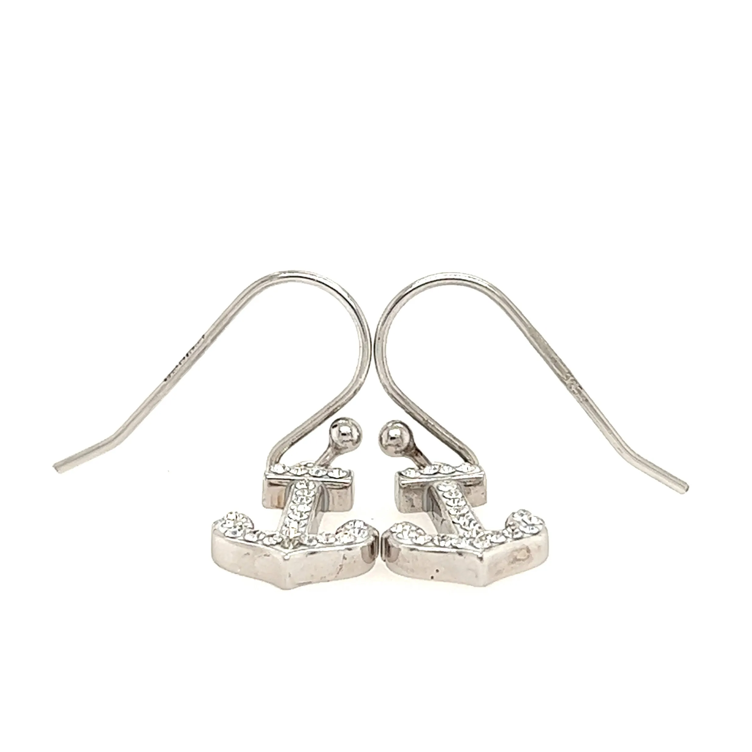 Anchor Drop Earrings with White Crystals in Sterling Silver