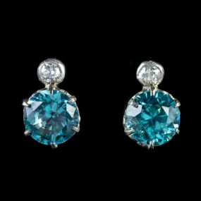 Antique Edwardian Blue Zircon Earrings Diamond 18Ct Gold Circa 1910