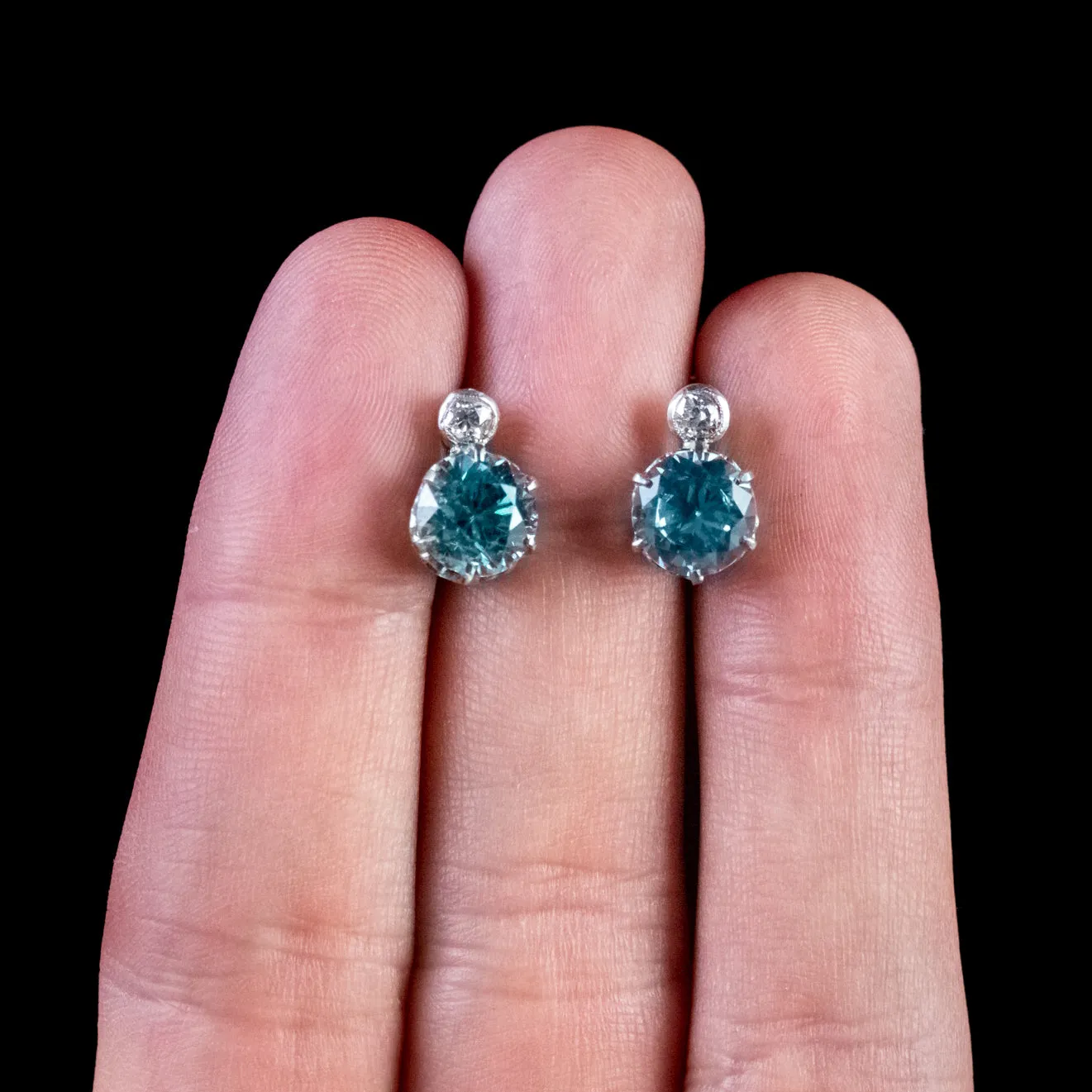 Antique Edwardian Blue Zircon Earrings Diamond 18Ct Gold Circa 1910