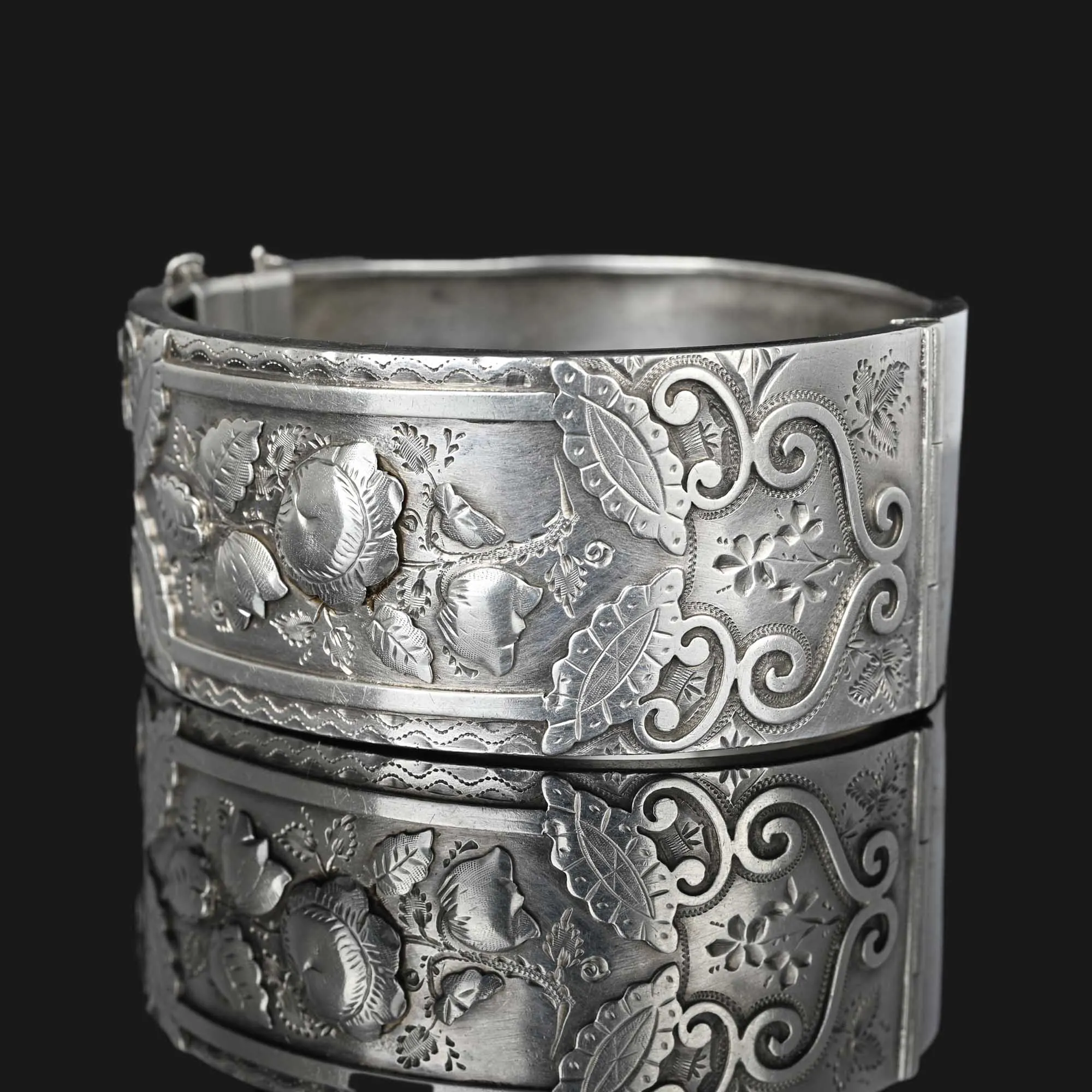 Antique Victorian Wide Ornate Silver Bangle Bracelet